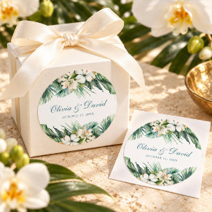 Tropical leaves and White Flowers Wedding Classic Round Sticker