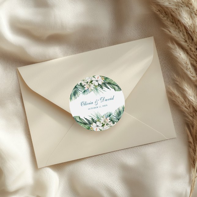 Tropical leaves and White Flowers Wedding Classic Round Sticker (Tropical leaves and White Flowers Wedding Classic Round Sticker on an elegant wedding envelope.)