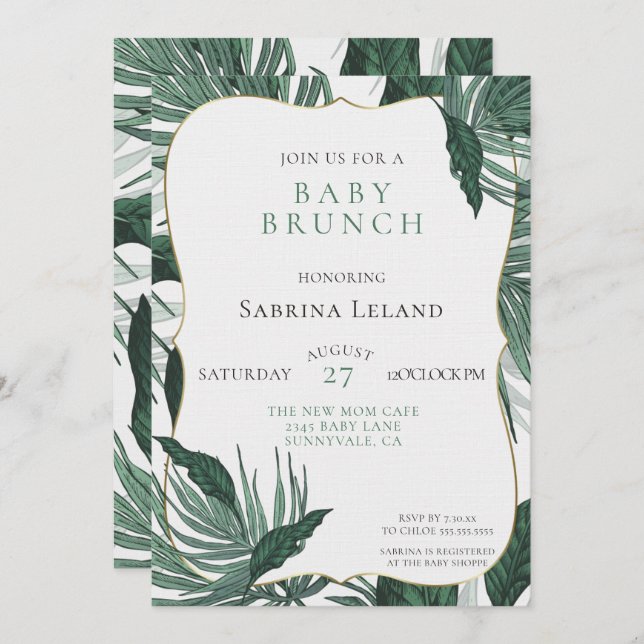 Tropical Leaves Baby Shower Brunch Green Invitation (Front/Back)