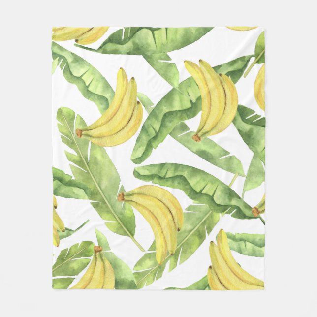 Tropical leaves, bananas, watercolor pattern. fleece blanket (Front)