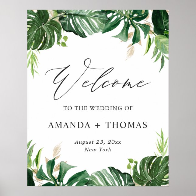 Tropical Leaves Beach Wedding Welcome Sign (Front)