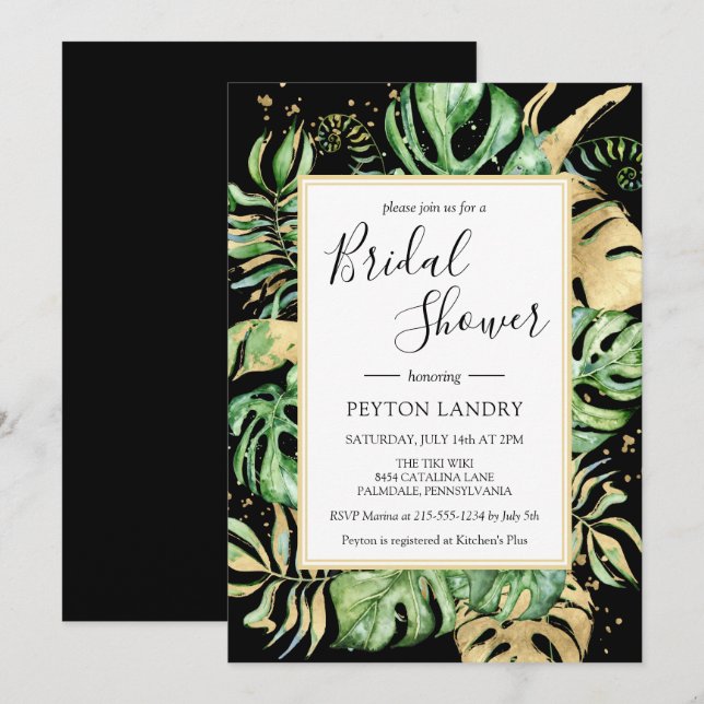 Tropical Leaves Black & Gold Frame Bridal Shower Invitation (Front/Back)