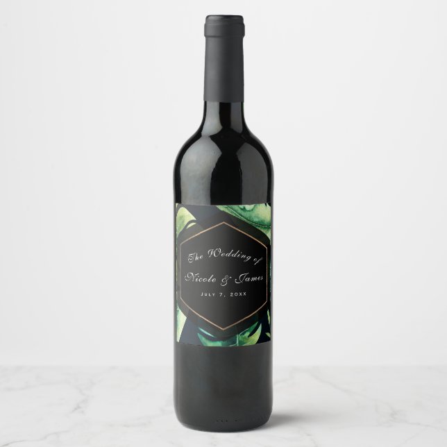 Tropical Leaves Black Green Gold Custom Wine Label (Front)