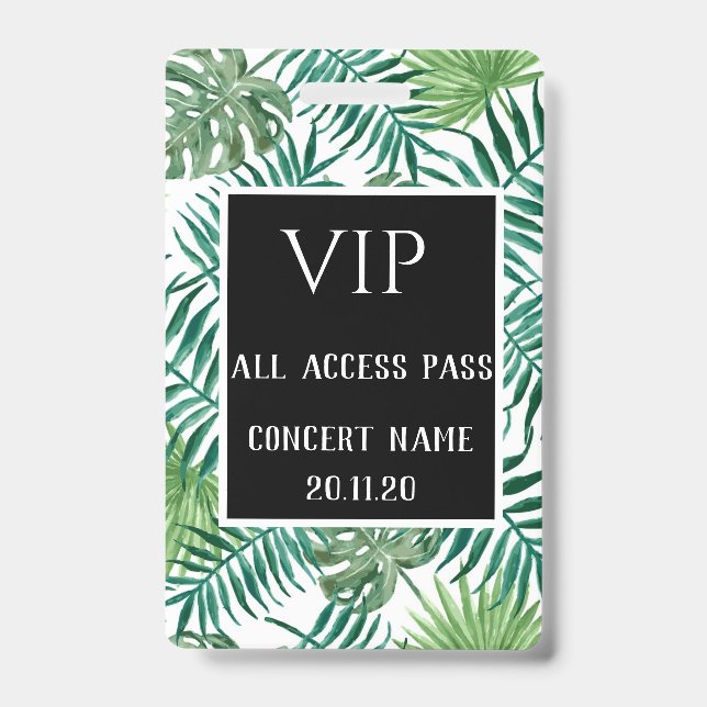 Tropical Leaves Black VIP All Access Pass Concert ID Badge (Front)