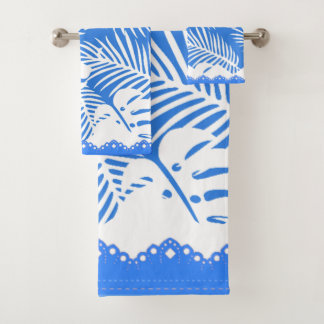 Tropical Leaves Blue backed in White Fancy Trim Bath Towel Set