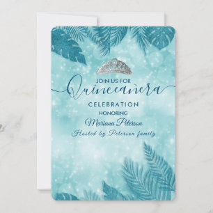 Tropical leaves blue bokeh tiara Quinceañera Invit Invitation