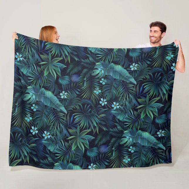 Tropical Leaves Blue Flowers Fleece Blanket (In Situ)