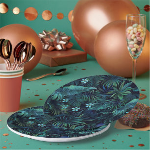 Tropical Leaves & Blue Flowers Paper Plate