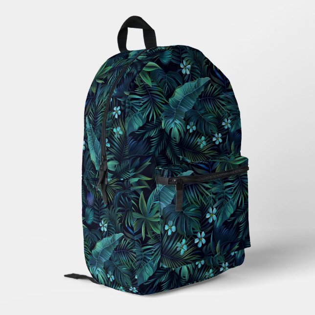 Tropical Leaves Blue Flowers Printed Backpack (Back Corner Left)