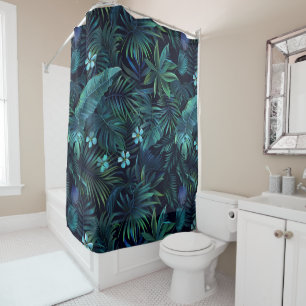 Tropical Leaves Blue Flowers Shower Curtain