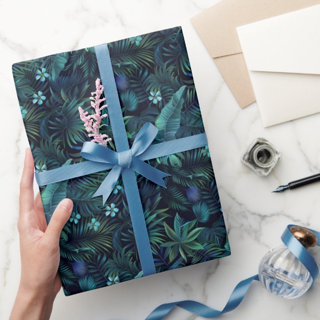 Tropical Leaves Blue Flowers Wrapping Paper (Gifting)