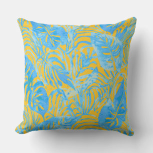 Tropical Leaves, Blue Yellow Cushion