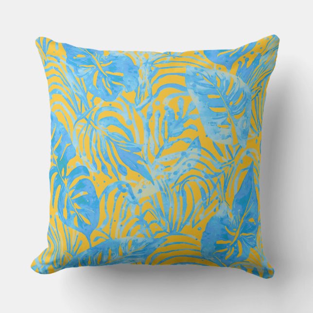 Tropical Leaves, Blue Yellow Cushion (Front)