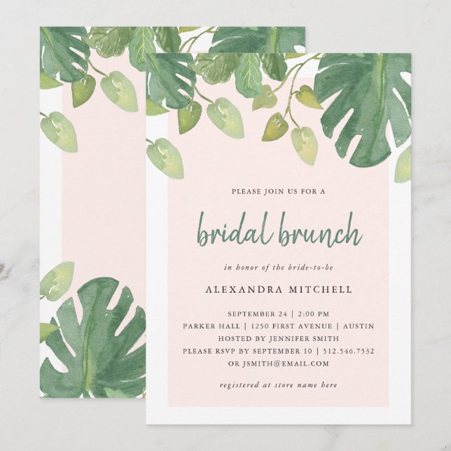 Tropical Leaves | Blush and Green Bridal Brunch Invitation (Front/Back)