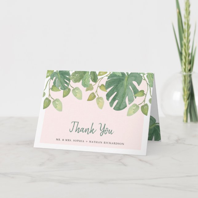 Tropical Leaves | Blush and Green Thank You Card (Front)