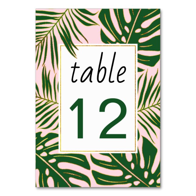 Tropical leaves blush pink wedding table number (Back)