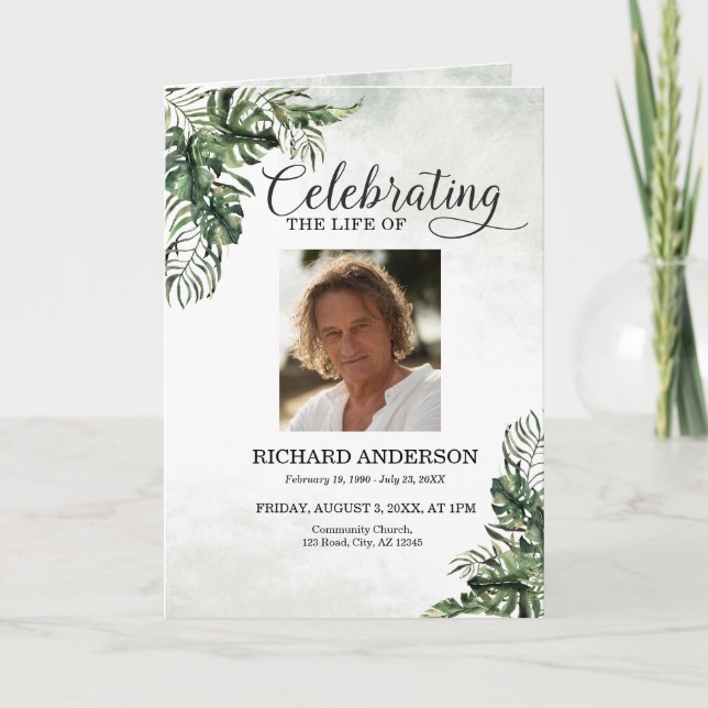 Tropical Leaves Botanical Funeral Program Card (Front)