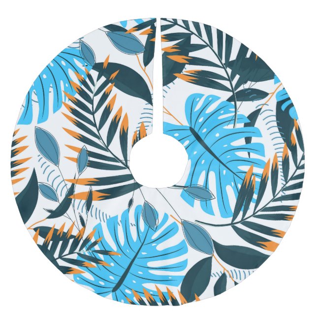 Tropical Leaves Bright White Pattern Brushed Polyester Tree Skirt (Front)