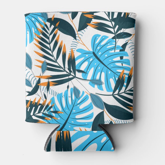 Tropical Leaves Bright White Pattern Can Cooler (Front)