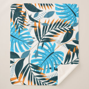 Tropical Leaves Bright White Pattern Sherpa Blanket