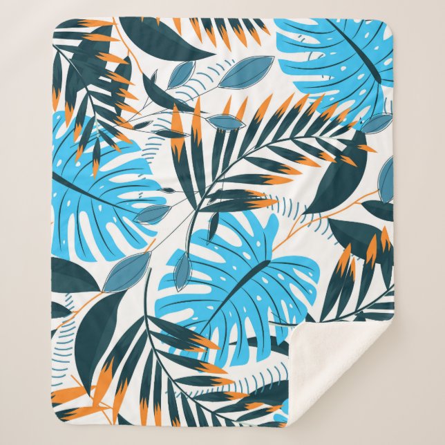 Tropical Leaves Bright White Pattern Sherpa Blanket (Front)