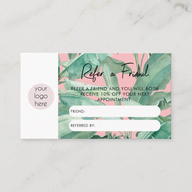 Tropical Leaves Business Refer A Friend Referral Business Card (Front)