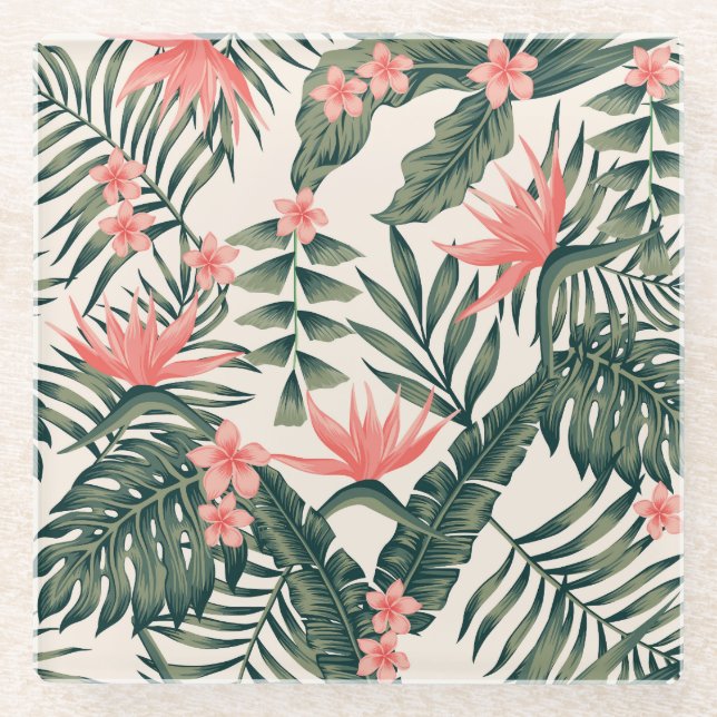 Tropical leaves, cheerful beach wallpaper. glass coaster (Front)