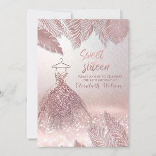 Tropical leaves chic Rose gold glittery dress Invitation
