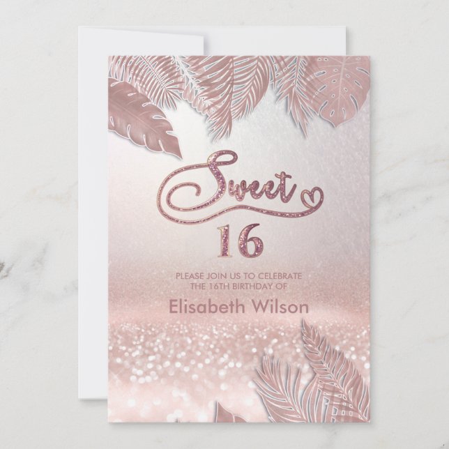 Tropical leaves chic trendy  Rose gold glittery  I Invitation (Front)