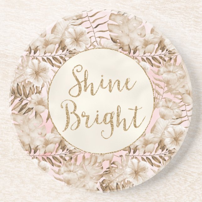 Tropical Leaves Cream Blush Gold Glitter Shine     Coaster (Front)