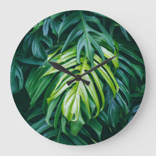 Tropical leaves: dark nature background. large clock