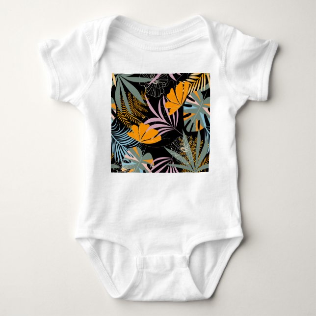 Tropical Leaves: Dark Vintage Print. Baby Bodysuit (Front)