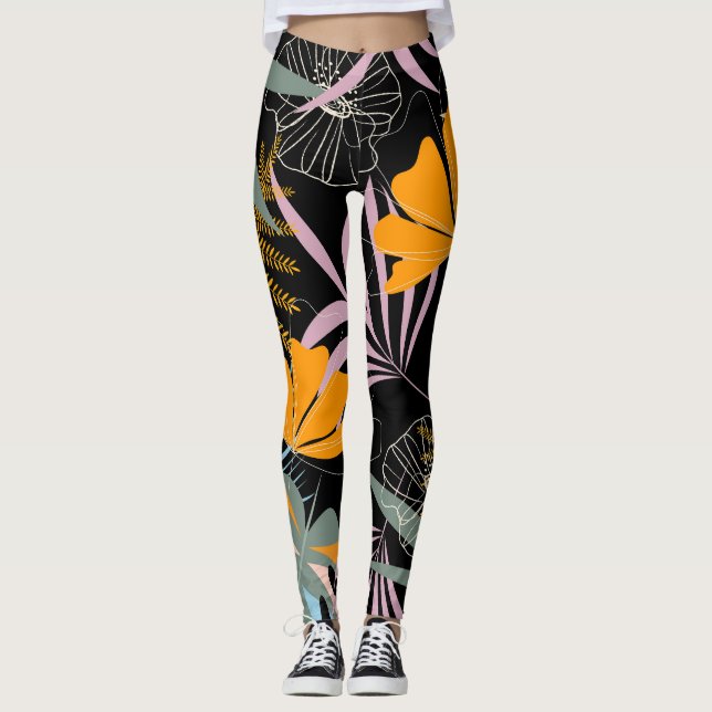 Tropical Leaves: Dark Vintage Print. Leggings (Front)