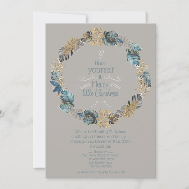 Tropical Leaves Dusty Blue Gold Christmas Party Holiday Card (Front)