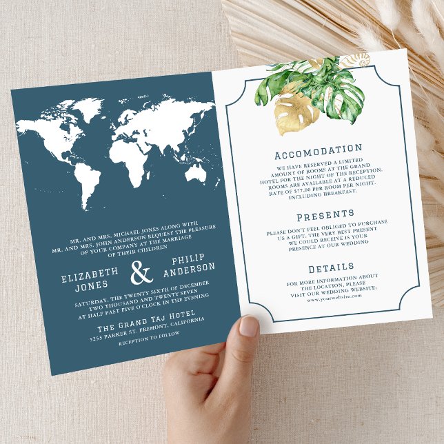 Tropical Leaves Dusty Blue Map All in One Wedding Invitation (Creator Uploaded)