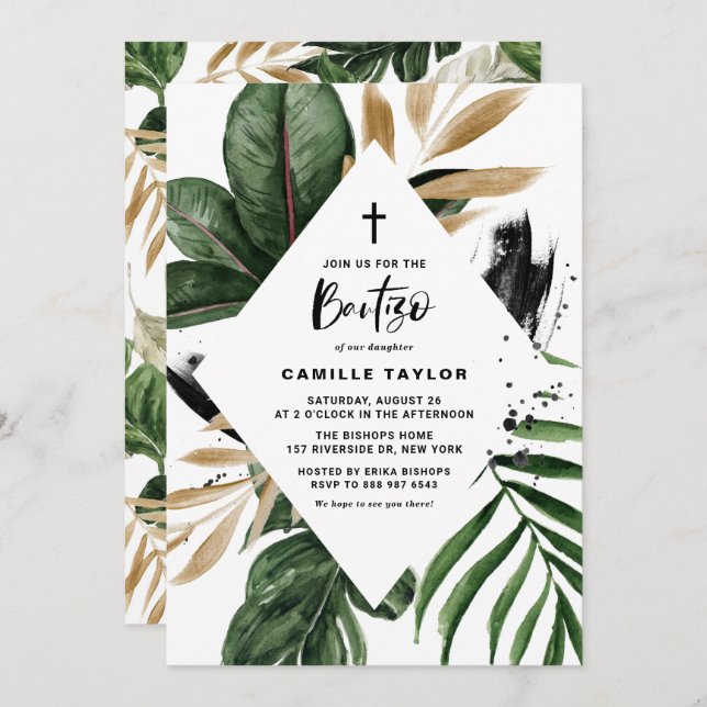 Tropical Leaves Faux Gold Foil Frame Bautizo Invitation (Front/Back)