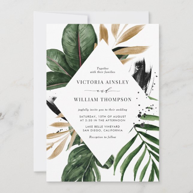 Tropical Leaves Faux Gold Foil Frame Wedding Invitation (Front)