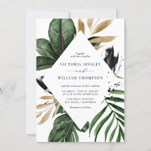 Tropical Leaves Faux Gold Foil Frame Wedding Invitation