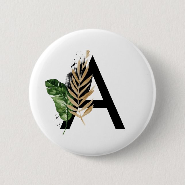 Tropical Leaves Faux Gold Foil Letter A Monogram 6 Cm Round Badge (Front)