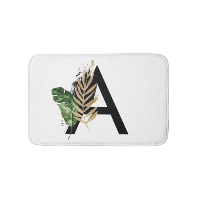 Tropical Leaves Faux Gold Foil Letter A Monogram Bath Mat (Front)