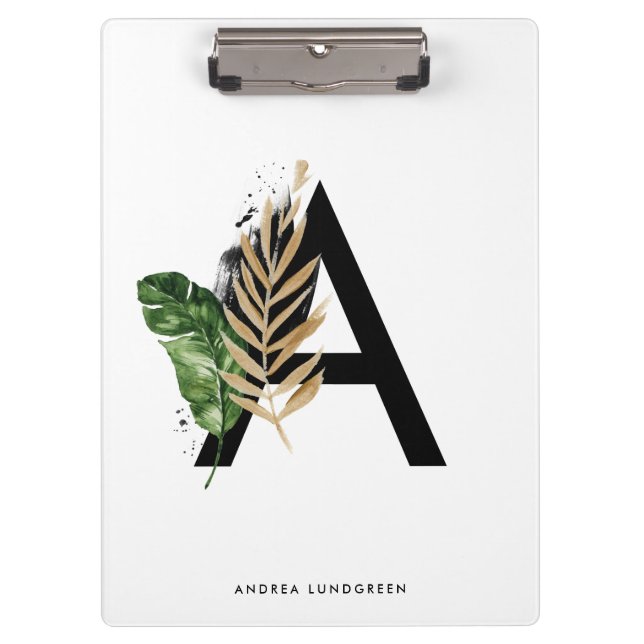 Tropical Leaves Faux Gold Foil Letter A Monogram Clipboard (Front)