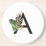 Tropical Leaves Faux Gold Foil Letter A Monogram Coaster<br><div class="desc">Tropical Leaves Faux Gold Foil Letter A Monogram Coaster | Boho monogram coaster featuring watercolor tropical leaves with faux gold foil accent. This tropical coaster is perfect for summer. This design is available in other items.</div>