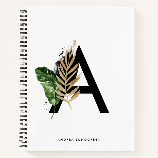 Tropical Leaves Faux Gold Foil Letter A Monogram Notebook (Front)