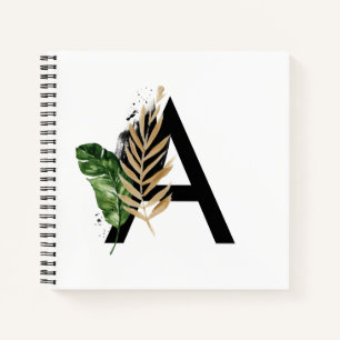 Tropical Leaves Faux Gold Foil Letter A Monogram Notebook