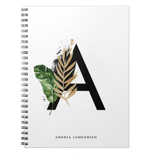 Tropical Leaves Faux Gold Foil Letter A Monogram Notebook