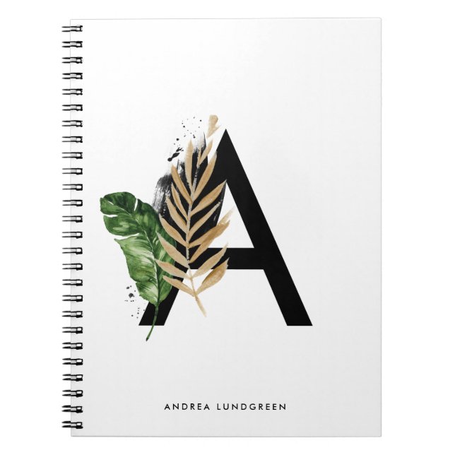 Tropical Leaves Faux Gold Foil Letter A Monogram Notebook (Front)