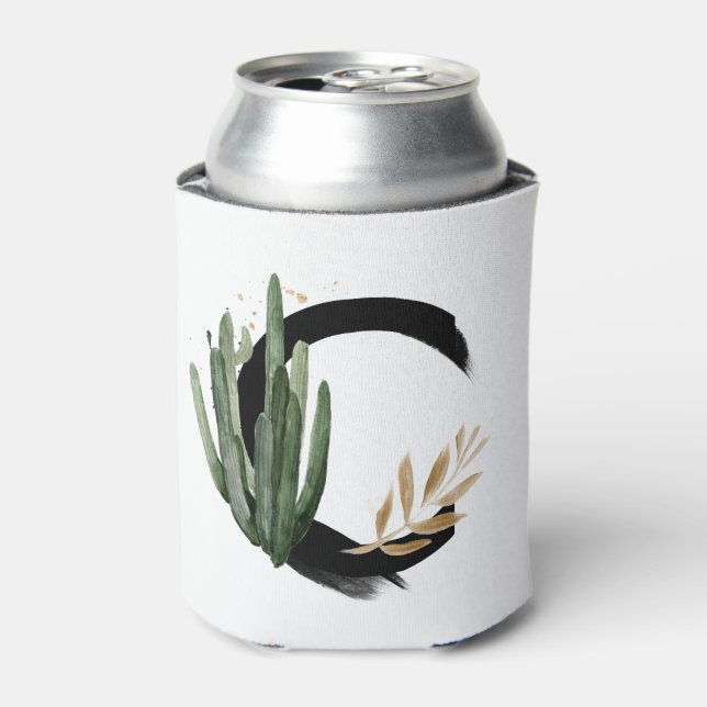 Tropical Leaves Faux Gold Foil Letter C Monogram Can Cooler (Can Front)