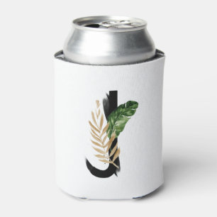 Tropical Leaves Faux Gold Foil Letter J Monogram Can Cooler