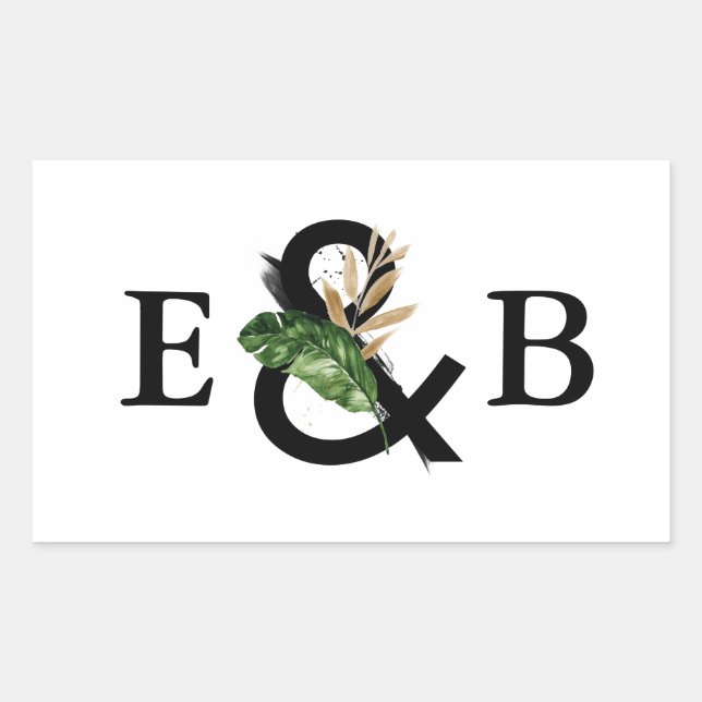 Tropical Leaves Faux Gold Foil Wedding Monogram Rectangular Sticker (Front)