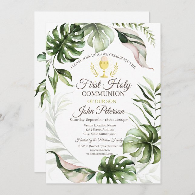 Tropical Leaves First Holy Communion  Invitation (Front/Back)
